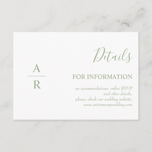 エレガントセージ緑のイニシャルオンライン結婚詳細 エンクロージャーカード (正面)