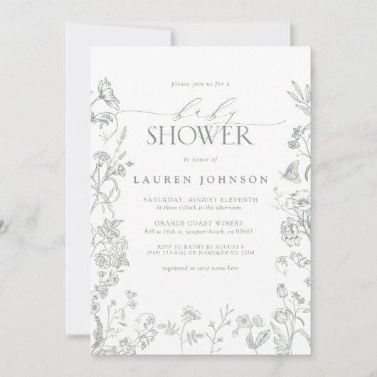 エレガントセージ緑のビクトリアンフローラ 招待状 (正面)