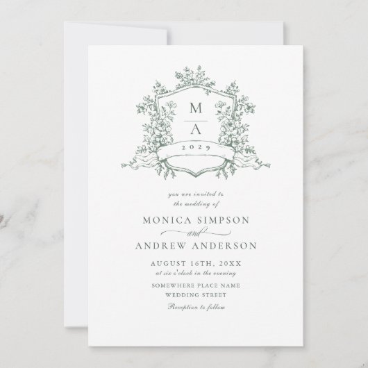 エレガントセージ緑フランスの庭園の結婚式QRコード 招待状 (正面)