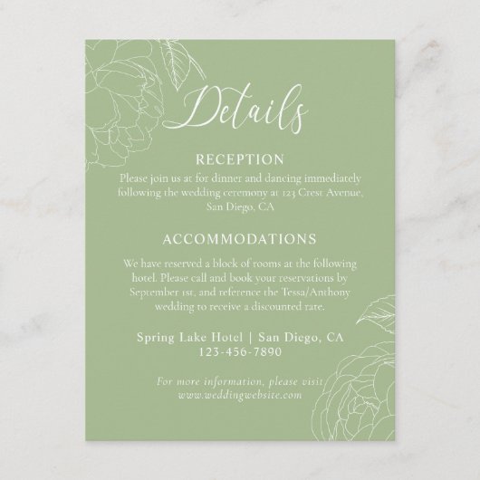 エレガントセージ緑フローラ結婚の詳細 エンクロージャーカード (正面)