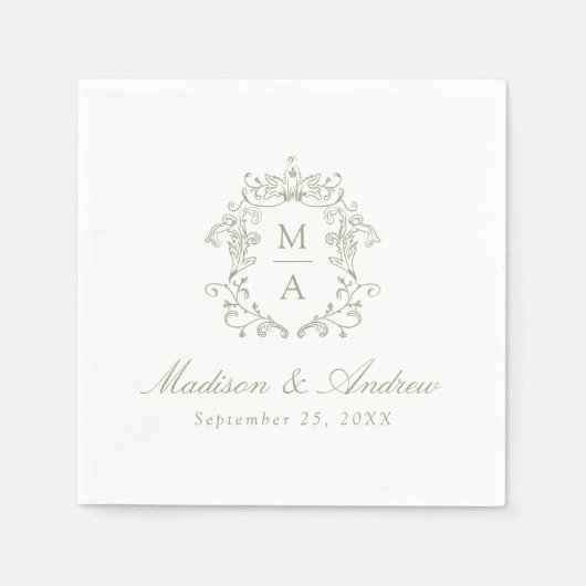 エレガントセージChinoiserieモノグラム結婚クレスト スタンダードカクテルナプキン (正面)