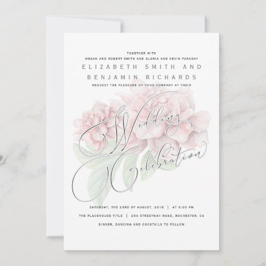 エレガントソフトピンク牡丹フローラ結婚タイポグラフィ 招待状 (正面)