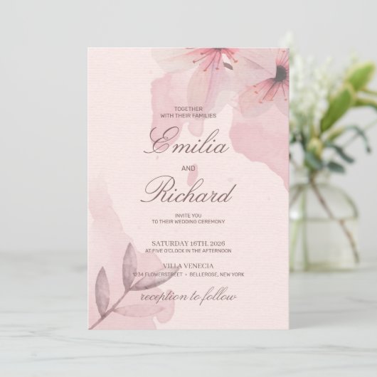 エレガントソフトピンク粉フローラ国の結婚式 招待状 (スタンド正面)