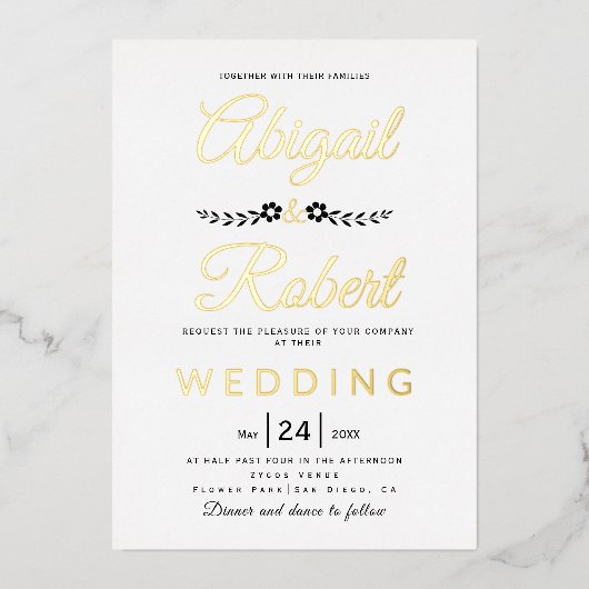 エレガントタイポグラフィと花結婚の金ゴールド 箔招待状 (正面)