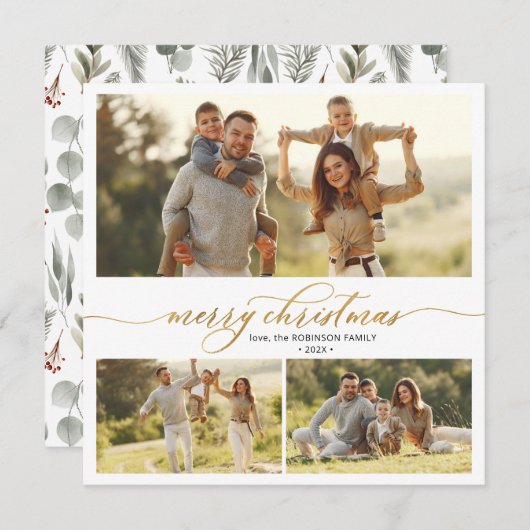 エレガントタイポグラフィの葉3数々の写真クリスマス シーズンカード (正面/裏面)