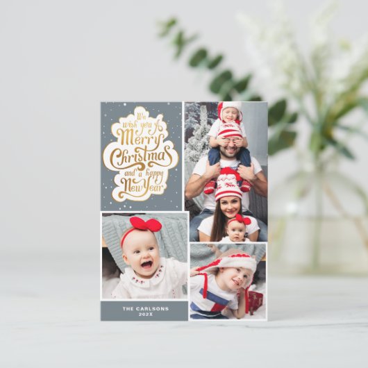 エレガントタイポグラフィグレイのクリスマスの休日はがき ポストカード (スタンド正面)