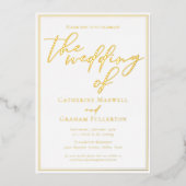 エレガントタイポグラフィシックミニマル結婚リスト金ゴールド 箔招待状 (正面)