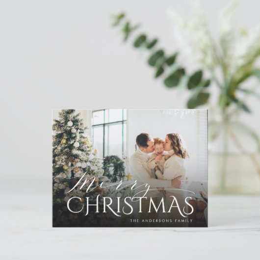 エレガントタイポグラフィストライプのメリークリスマス写真 シーズンポストカード (スタンド正面)