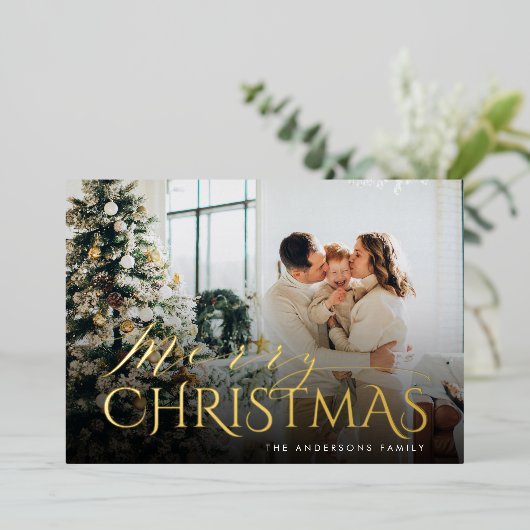 エレガントタイポグラフィストライプのメリークリスマス写真 箔シーズンカード (立ち正面)