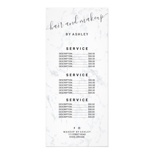 エレガントタイポグラフィトレンディー白大理石のヘアメイク ラックカード (裏面)