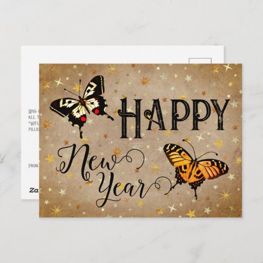 エレガントタイポグラフィバタフライ素朴星新年 シーズンポストカード (正面/裏面)