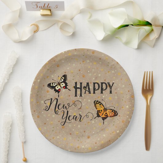 エレガントタイポグラフィバタフライ素朴星新年 ペーパープレート (ウェディング)