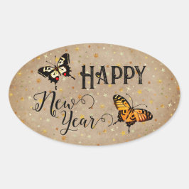 エレガントタイポグラフィバタフライ素朴星新年 楕円形シール