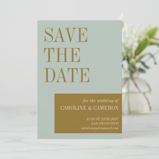 エレガントタイポグラフィブルー金ゴールド結婚写真 セーブザデート (スタンド正面)