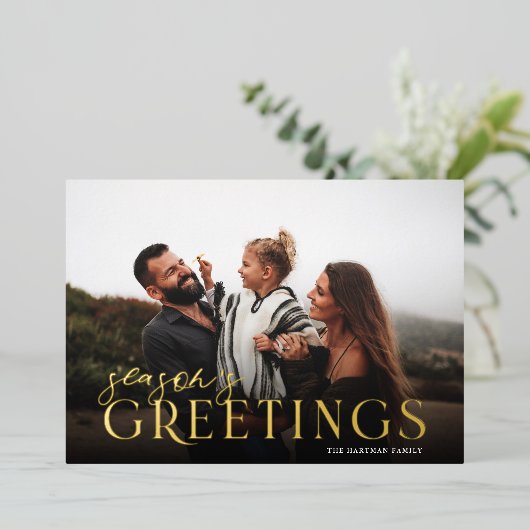 エレガントタイポグラフィプレイドの季節の挨拶の写真 箔シーズンカード (立ち正面)