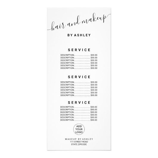 エレガントタイポグラフィロゴ白黒ヘアメイク ラックカード (正面)