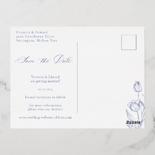 エレガントタイポグラフィ写真の保存日付 箔招待状ポストカード (裏面)