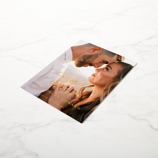 エレガントタイポグラフィ写真の保存日付 箔招待状ポストカード (回転した状態)