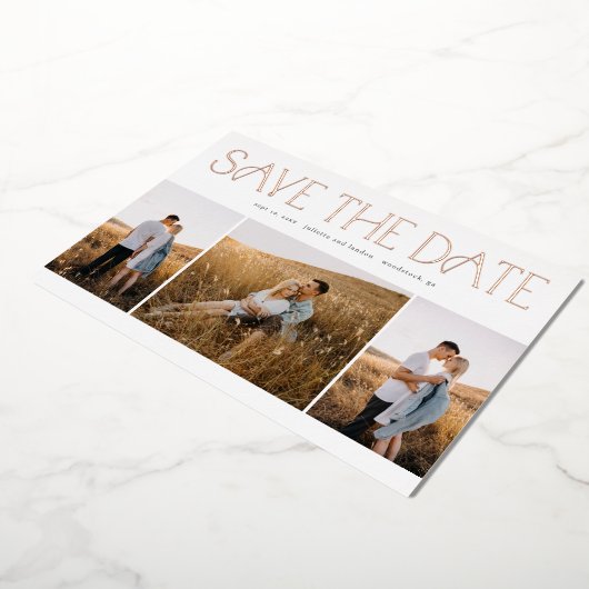 エレガントタイポグラフィ写真ウェディング日付の保存 箔招待状 (回転した状態)