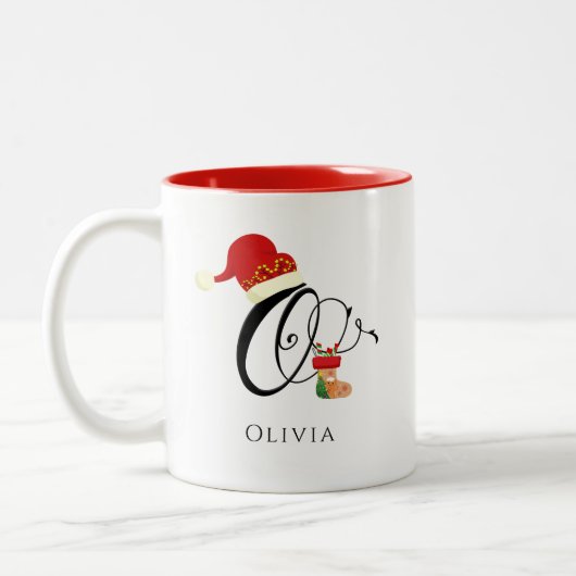 エレガントタイポグラフィ名イニシャルOクリスマス ツートーンマグカップ (左)