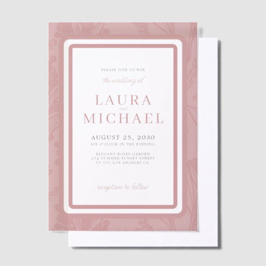 エレガントタイポグラフィ埃バラ結婚枠 ベラム紙招待状 (オフセット)
