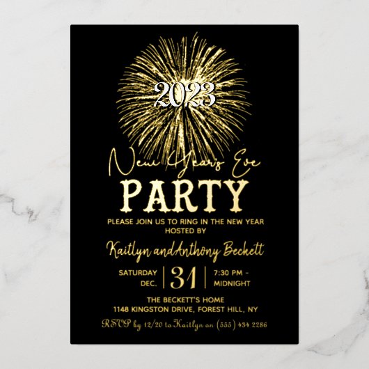 エレガントタイポグラフィ大晦日パーティー実在 箔招待状 (正面)