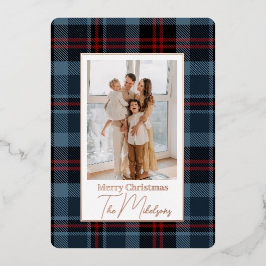 エレガントタイポグラフィ格子模様メリークリスマスフォト 箔シーズンカード (正面)
