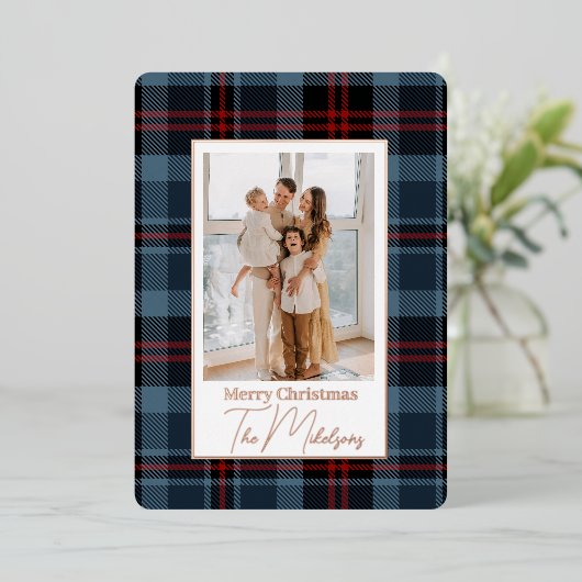 エレガントタイポグラフィ格子模様メリークリスマスフォト 箔シーズンカード (立ち正面)