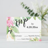 エレガントタイポグラフィ水彩ピンクフローラ結婚ズ 出欠カード (スタンド正面)