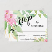 エレガントタイポグラフィ水彩ピンクフローラ結婚ズ 出欠カード (正面/裏面)
