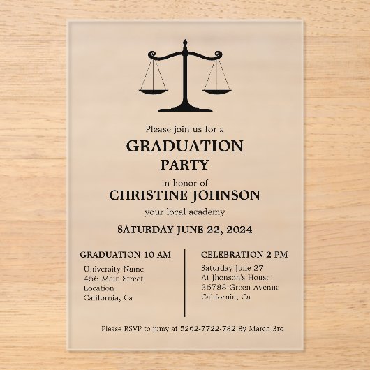 エレガントタイポグラフィ法学校卒業党 アクリル招待状 (正面)