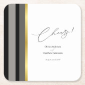 エレガントタイポグラフィ白黒ストライプ金ゴールド結婚s スクエアペーパーコースター (正面)