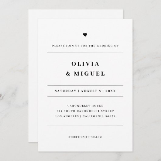 エレガントタイポグラフィ白黒ハート結婚ズ 招待状 (正面/裏面)