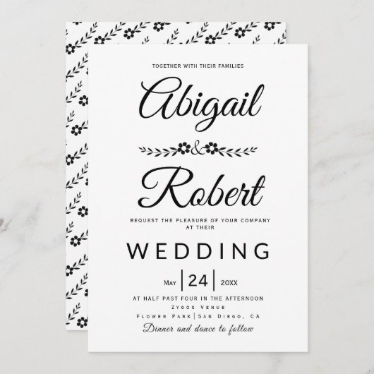 エレガントタイポグラフィ白黒結婚花 招待状 (正面/裏面)