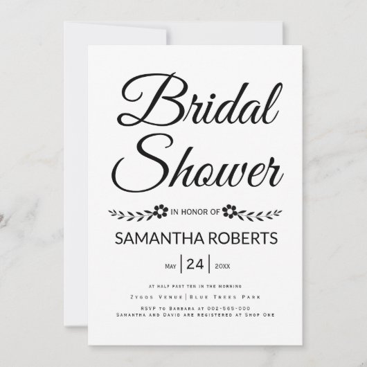 エレガントタイポグラフィ結婚ブライダルシャワー 招待状 (正面)