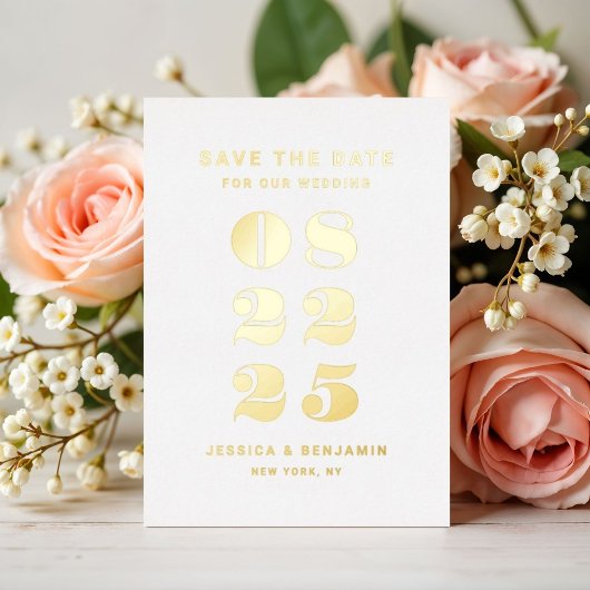 エレガントタイポグラフィ結婚式の日付金ゴールドの保存 箔招待状