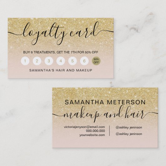 エレガントタイポグラフィ赤面イエロー金ゴールドグラデーショングリッター ロイヤリティカード (正面/裏面)