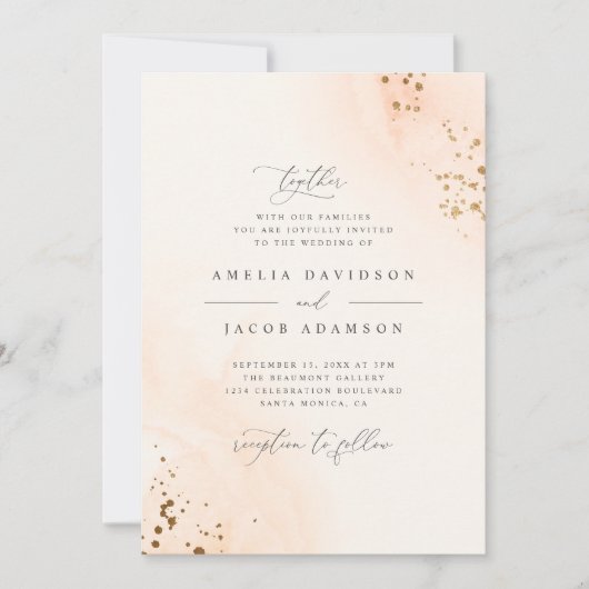 エレガントタイポグラフィ赤面ピンクウォーター結婚カラー 招待状 (正面)