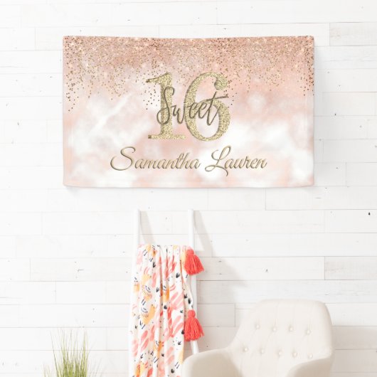 エレガントタイポグラフィ赤面ピンク金ゴールドスイート16バナー 横断幕