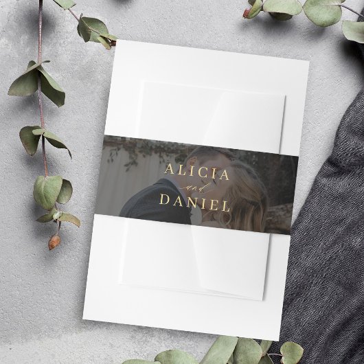 エレガントタイポグラフィ金ゴールド黒結婚写真 招待状ベリーバンド