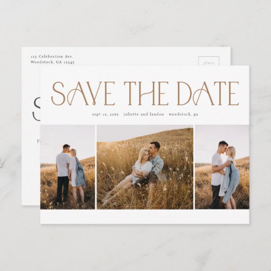 エレガントタイポグラフィ3 Photo Collage日付を保存 案内ポストカード (正面/裏面)