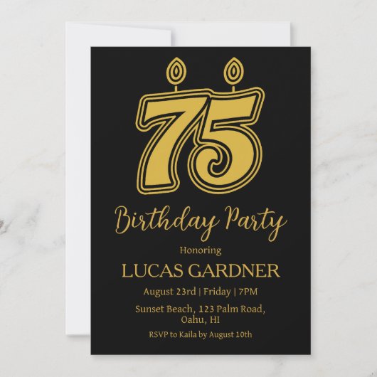 エレガントタイポグラフィ75歳の誕生日招待状 招待状 (正面)