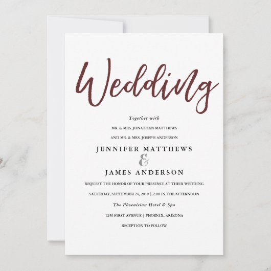 エレガントタイポグラフィ | マルサラ結婚レッドのカード 招待状 (正面)