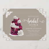 エレガントタウペベージュケーキ&レースブライダルシャワー 招待状 (正面/裏面)