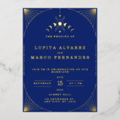 エレガントタロット金ゴールドネイビー結婚フォイル 箔招待状 (正面)