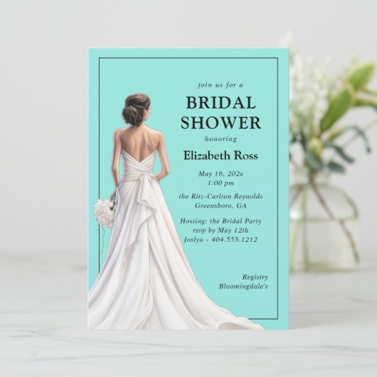 エレガントターコイズウェディングドレス ブライダルシャワー 招待状 (スタンド正面)