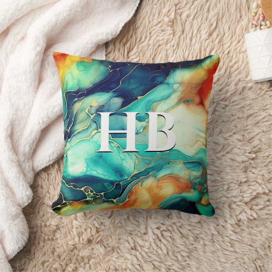 エレガントターコイズオレンジマーブルアートフェイクグリッター クッション (ブランケット)