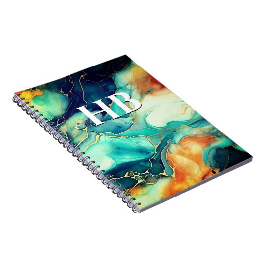 エレガントターコイズオレンジマーブルアートフェイクグリッター ノートブック (右側)