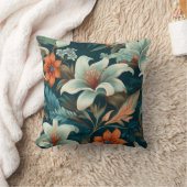 エレガントターコイズオレンジ色の花模様フローラ クッション (ブランケット)