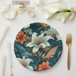 エレガントターコイズオレンジ色の花模様フローラ ペーパープレート